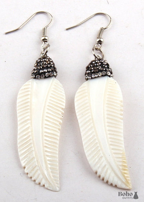 Boho Earrings, RH Dangle Earrings, White Shell Leaf Clay